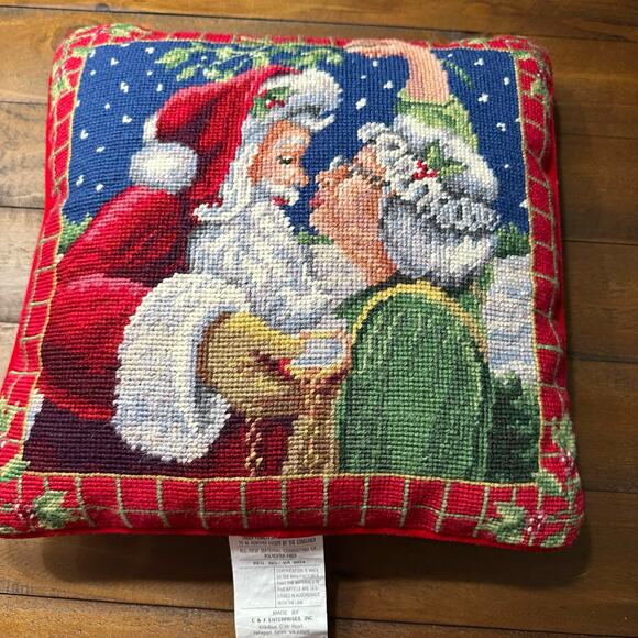 Vintage Christmas Needlepoint Pillow Santa & Mrs. Claus Mistletoe Square Decor - Picture 1 of 7